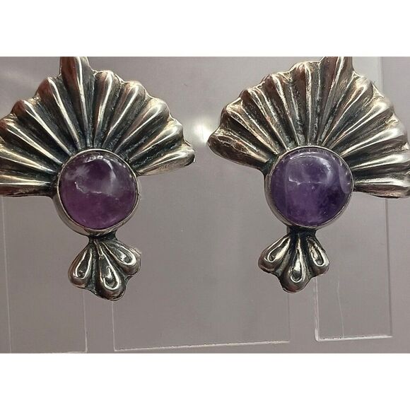 Vintage 1940s Mexico Silver Amethyst Earrings Screw Back Art Deco Style - Picture 4 of 8